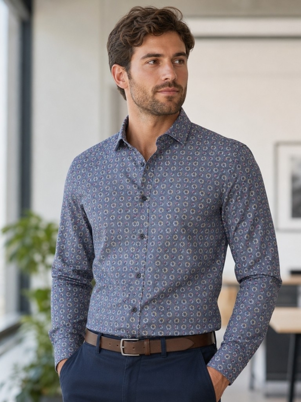 Bugatchi Men’s Long Sleeve Button Up Dress Shirt Blue Geometric Stretch Large